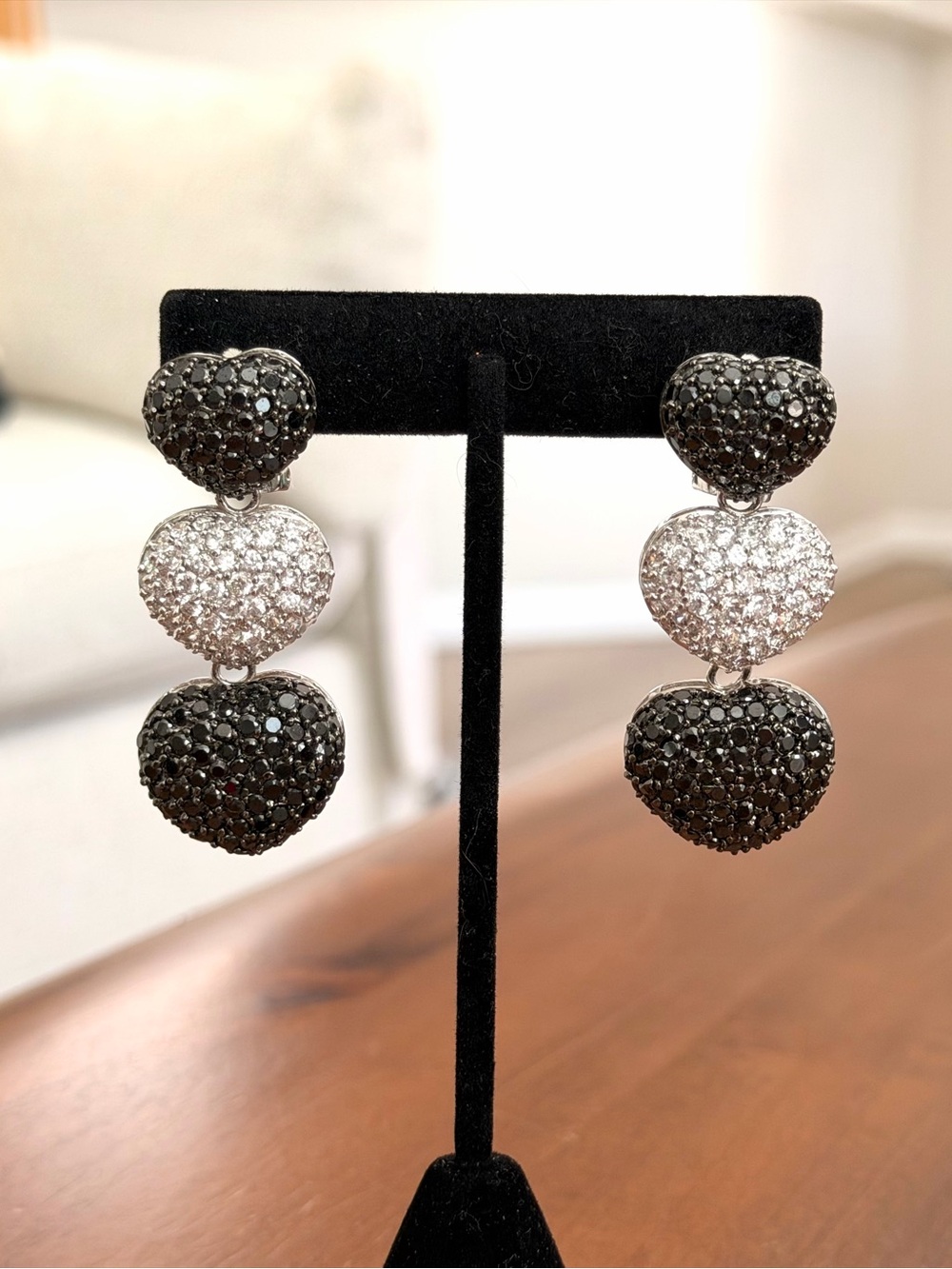Pavé Black & Clear Rhinestone Triple Heart Drop Statement Earrings Omega Back - Picture 5 of 9